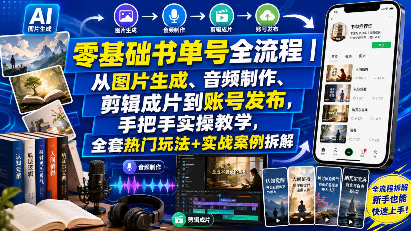 零基础书单号全流程|从图片生成、音频制作、剪辑成片到账号发布,手把手实操教学,全套热门玩法+实战案例拆解-云途创业网