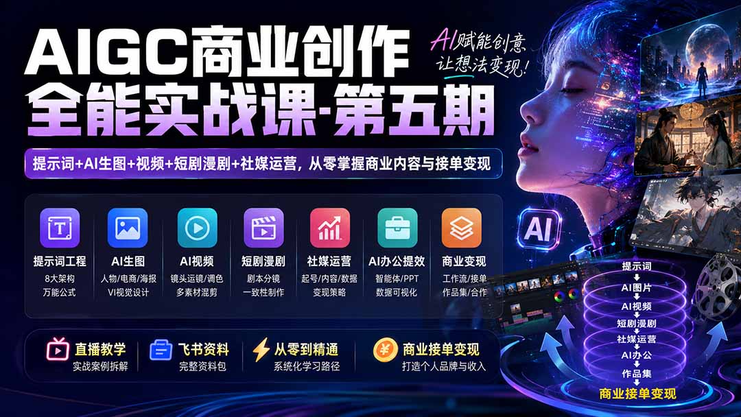 AIGC商业创作全能实战课-第五期：提示词+AI生图+视频+短剧漫剧+社媒运营，从零掌握商业内容与接单变现-云途创业网