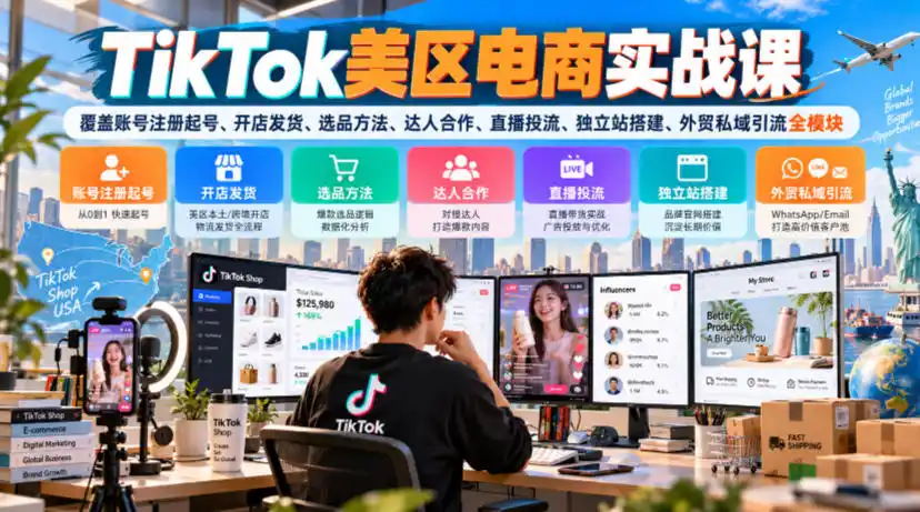 TikTok美区电商实战课，覆盖账号注册起号、开店发货、选品方法、达人合作、直播投流、独立站搭建、外贸私域引流全模块-云途创业网