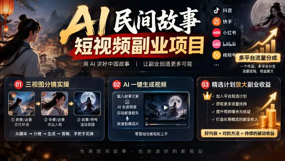 AI民间故事短视频副业项目，多平台流量分成，三视图分镜实操，精选计划放大副业收益-云途创业网
