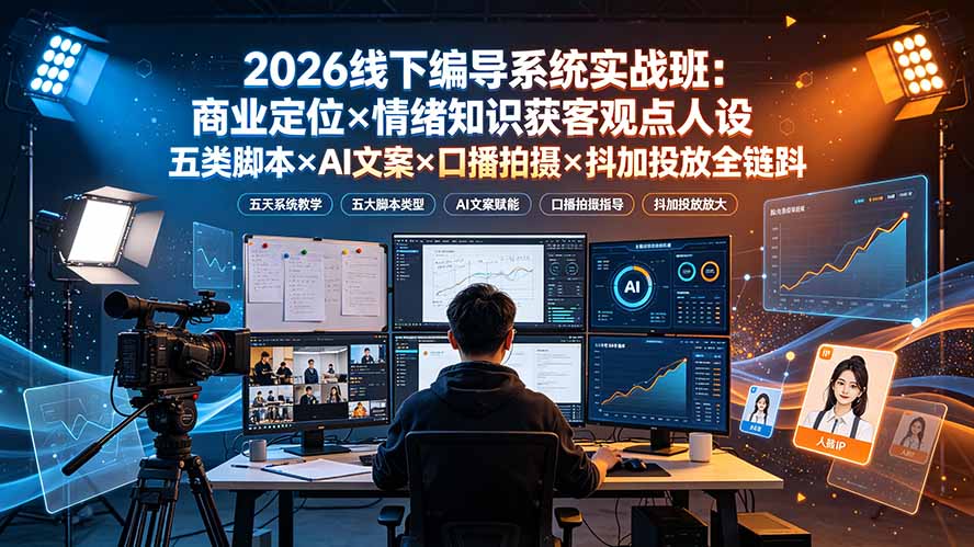 2026线下编导系统实战班：商业定位×情绪知识获客观点人设五类脚本×AI文案×口播拍摄×抖加投放全链路-云途创业网
