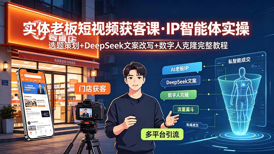 实体老板短视频获客课·IP智能体实操｜选题策划+DeepSeek文案改写+数字人克隆完整教程-云途创业网
