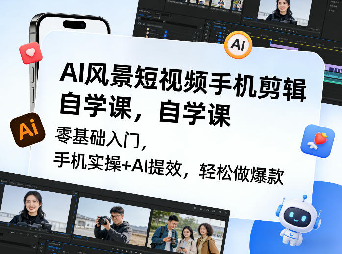 AI风景短视频手机剪辑自学课,零基础入门,手机实操+AI提效,轻松做爆款-云途创业网