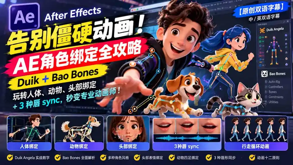 【无水印】告别僵硬动画！AE 角色绑定全攻略：Duik+Bao Bones玩转人体/动物/头部绑定+3种唇sync，秒变专业动画师