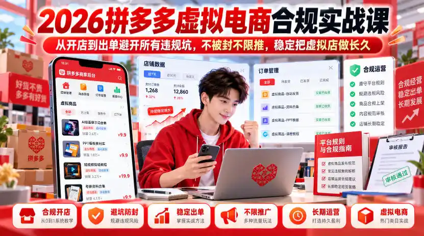 2026拼多多虚拟电商合规实战课，从开店到出单避开所有违规坑，不被封不限推，稳定把虚拟店做长久-云途创业网