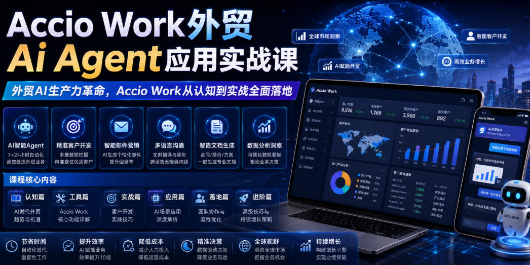 Accio Work外贸Ai Agent应用实战课，外贸AI生产力革命，Accio Work从认知到实战全面落地-云途创业网