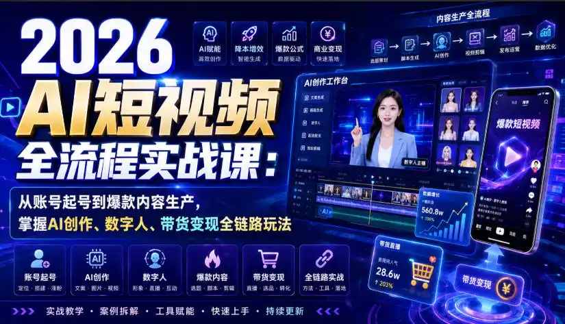 2026 AI短视频全流程实战课：从账号起号到爆款内容生产，掌握AI创作、数字人、带货变现全链路玩法-云途创业网