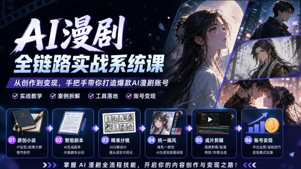 AI漫剧全链路实战系统课｜原创小说、智能剧本、精准分镜、统一画风、成片剪辑、账号变现实操教学(更新1018)-云途创业网