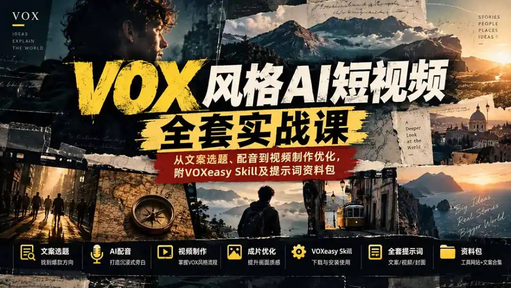 【无水印】VOX风格AI短视频全套实战课：从文案选题、配音到视频制作优化，附VOXeasy Skill及提示词资料包-云途创业网