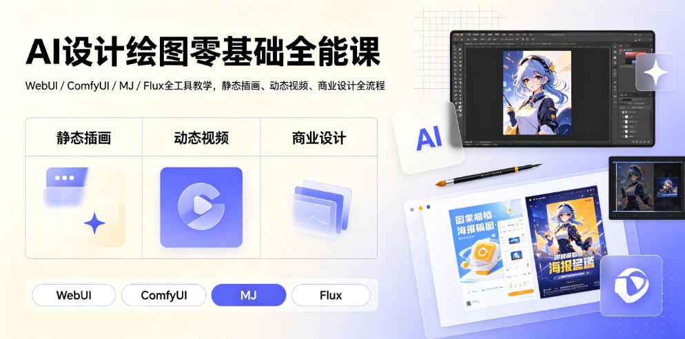 AI设计绘图零基础全能课|WebUI/ComfyUI/MJ/Flux全工具教学,静态插画、动态视频、商业设计全流程-云途创业网