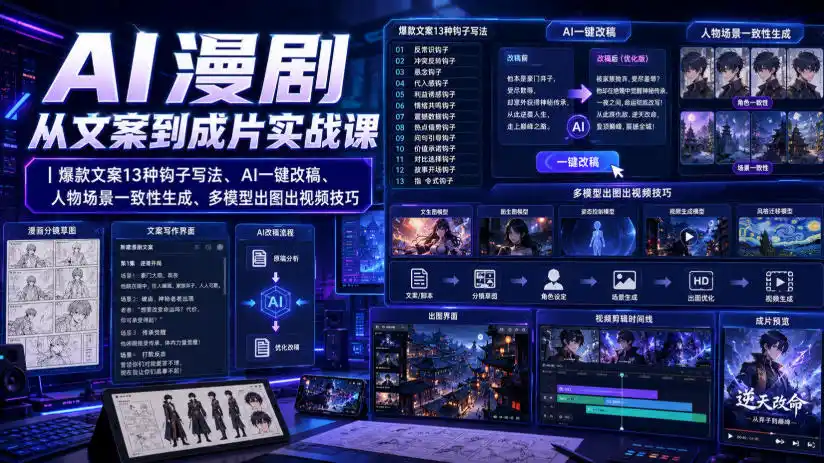 AI漫剧从文案到成片实战课｜爆款文案13种钩子写法、AI一键改稿、人物场景一致性生成、多模型出图出视频技巧-云途创业网