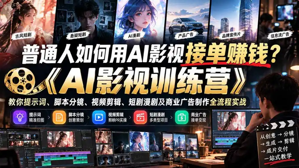 普通人如何用AI影视接单赚钱？《AI影视训练营》教你提示词、脚本分镜、视频剪辑、短剧漫剧及商业广告制作全流程实战-云途创业网