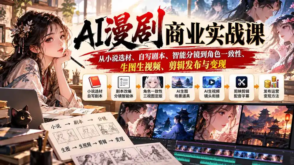 AI漫剧商业实战课：从小说选材、自写剧本、智能分镜到角色一致性、生图生视频、剪辑发布与变现-云途创业网
