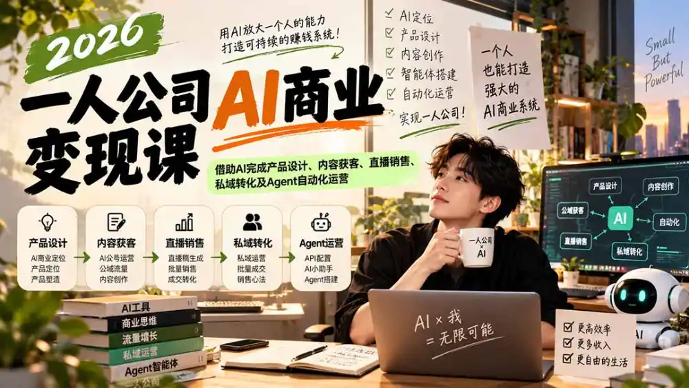 2026一人公司AI商业变现课：借助AI完成产品设计、内容获客、直播销售、私域转化及Agent自动化运营-云途创业网