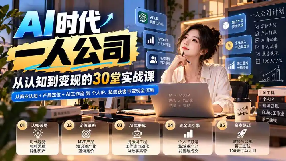 【无水印】AI时代一人公司30堂实战课：从商业认知+产品定位+AI工作流到个人IP、私域获客与变现全流程-云途创业网