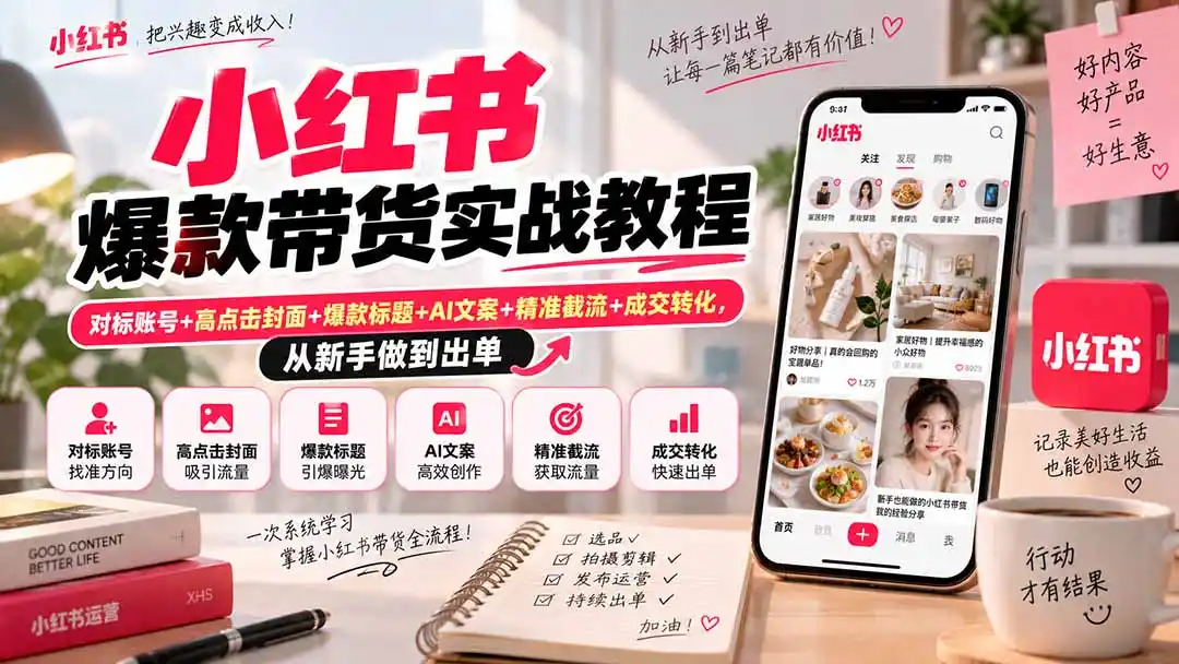 小红书爆款带货实战教程｜对标账号+高点击封面+爆款标题+AI文案+精准截流+成交转化，从新手做到出单-云途创业网