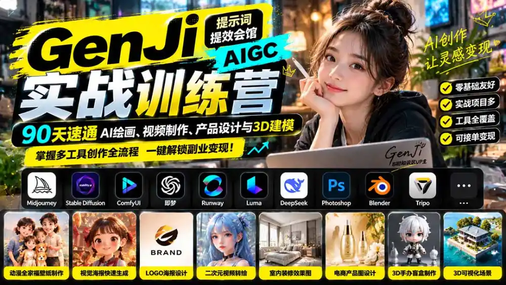 GenJi AIGC实战训练营：90天速通AI绘画、视频制作、产品设计与3D建模，掌握多工具创作全流程-云途创业网