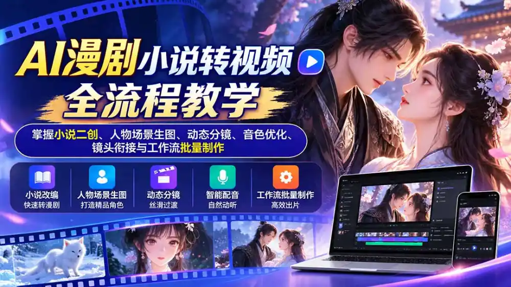 AI漫剧小说转视频全流程教学:掌握小说二创、人物场景生图、动态分镜、音色优化、镜头衔接与工作流批量制作 AI漫剧小说转视频全流程教学:掌握小说二创、人物场景生图、动态分镜、音色优化、镜头衔接与工作流批量制作