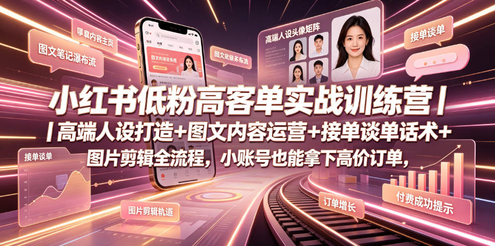 小红书低粉高客单实战训练营｜高端人设打造+图文内容运营+接单谈单话术+图片剪辑全流程，小账号也能拿下高价订单-云途创业网
