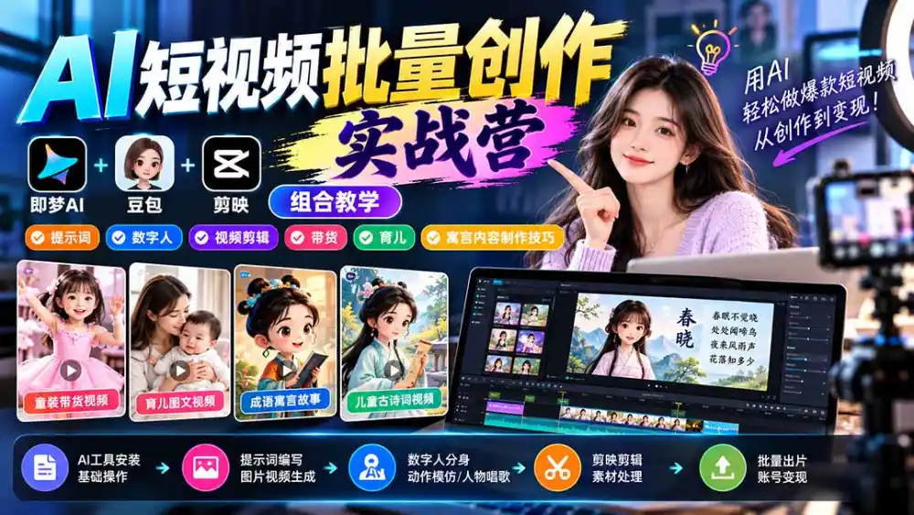 【无水印】AI短视频批量创作实战营:即梦+豆包+剪映组合教学,提示词/数字人/视频剪辑/带货/育儿/寓言内容制作技巧 【无水印】AI短视频批量创作实战营:即梦+豆包+剪映组合教学,提示词/数字人/视频剪辑/带货/育儿/寓言内容制作技巧