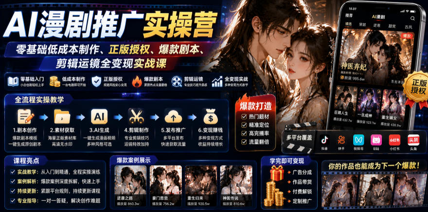 AI漫剧推广实操营｜零基础低成本制作、正版授权、爆款剧本、剪辑运镜全变现实战课-云途创业网