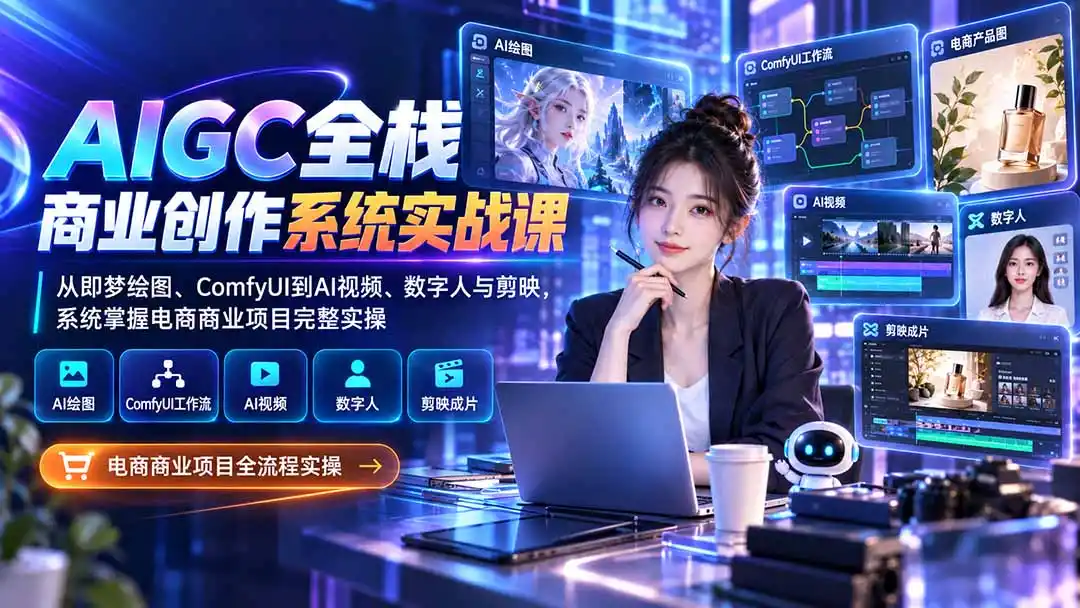 AIGC全栈商业创作系统实战课:从即梦绘图、ComfyUI到AI视频、数字人与剪映,系统掌握电商商业项目完整实操 AIGC全栈商业创作系统实战课:从即梦绘图、ComfyUI到AI视频、数字人与剪映,系统掌握电商商业项目完整实操