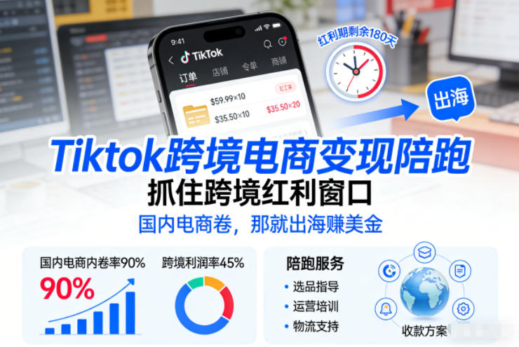 Tiktok跨境电商变现陪跑,抓住跨境红利窗口,国内电商卷,那就出海賺美金-云途创业网