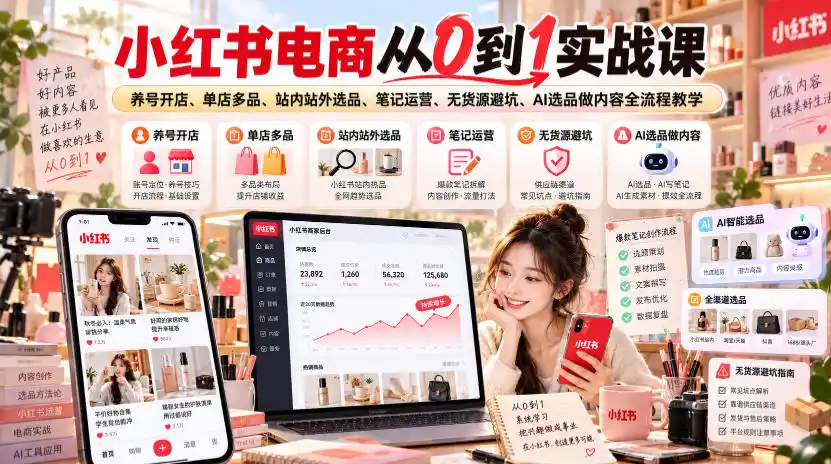 小红书电商从0到1实战课｜养号开店、单店多品、站内站外选品、笔记运营、无货源避坑、AI选品做内容全流程教学-云途创业网