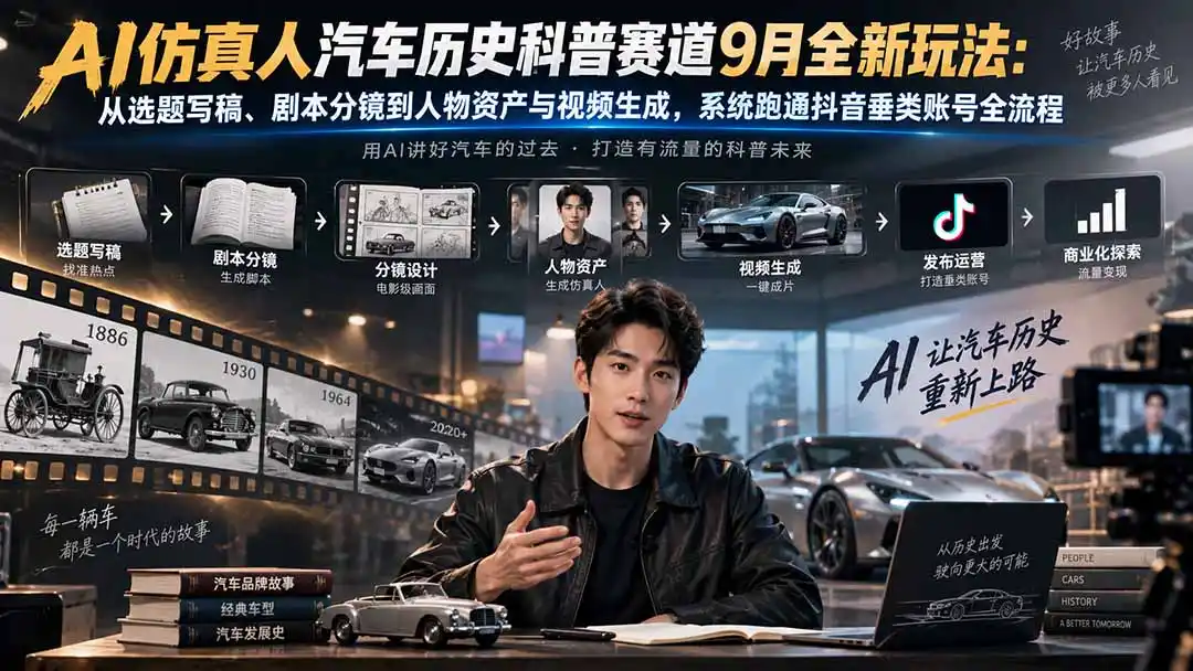 AI仿真人汽车历史科普赛道9月全新玩法:从选题写稿、剧本分镜到人物资产与视频生成,系统跑通抖音垂类账号全流程-云途创业网
