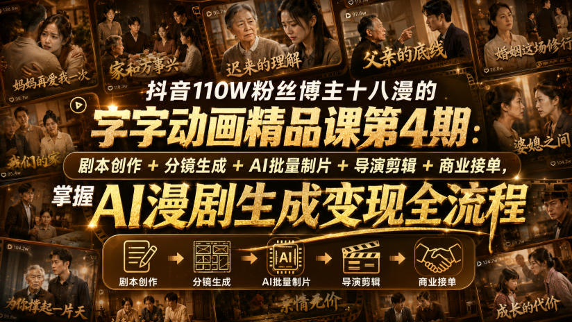 抖音110W粉丝博主十八漫的字字动画精品课第4期：剧本创作+分镜生成+剪辑+商业接单，掌握AI漫剧生成变现全流程-云途创业网