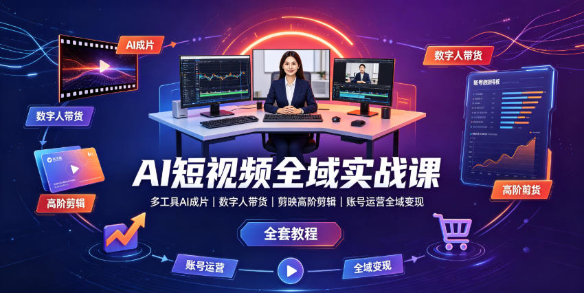 AI短视频全域实战课|多工具AI成片、数字人带货、剪映高阶剪辑、账号运营全域变现全套教程-云途创业网