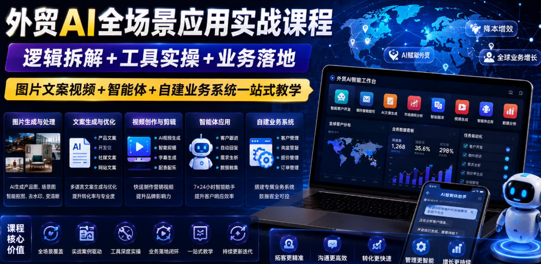 外贸AI全场景应用实战课程｜逻辑拆解+工具实操+业务落地，图片文案视频+智能体+自建业务系统一站式教学-云途创业网