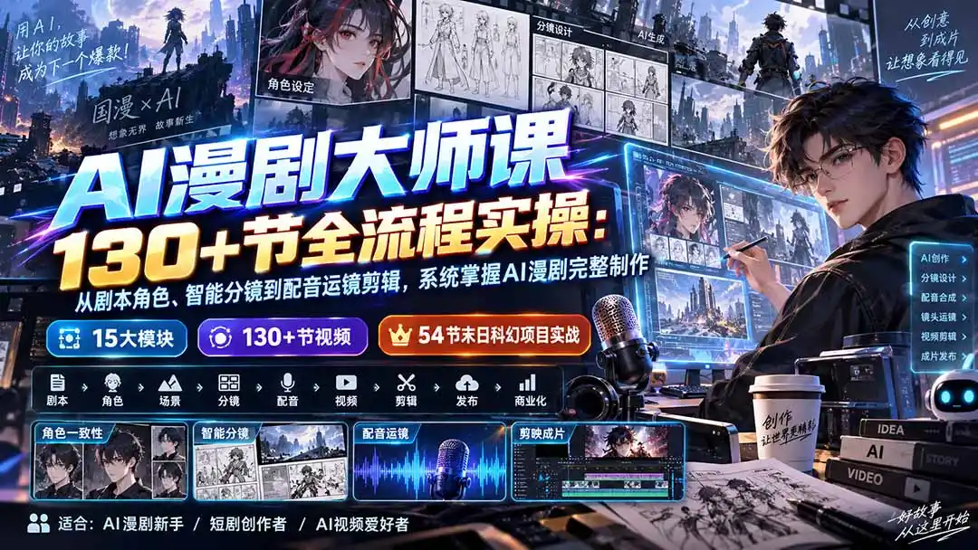 AI漫剧大师课130+节全流程实操：从剧本角色、智能分镜到配音运镜剪辑，系统掌握AI漫剧完整制作-云途创业网