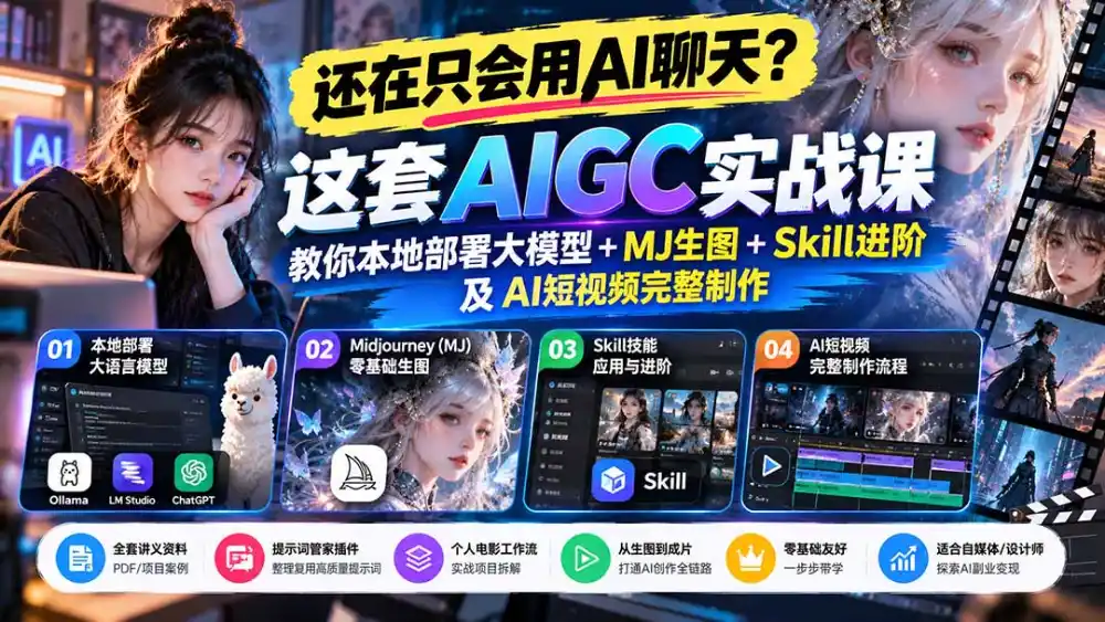 【无水印】还在只会用AI聊天？这套AIGC实战课教你本地部署大模型+MJ生图+Skill进阶及AI短视频完整制作-云途创业网
