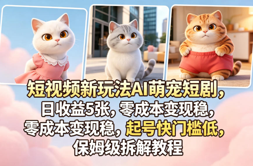 短视频新玩法AI萌宠短剧,日收益5张,零成本变现稳,起号快门槛低,保姆级拆解教程