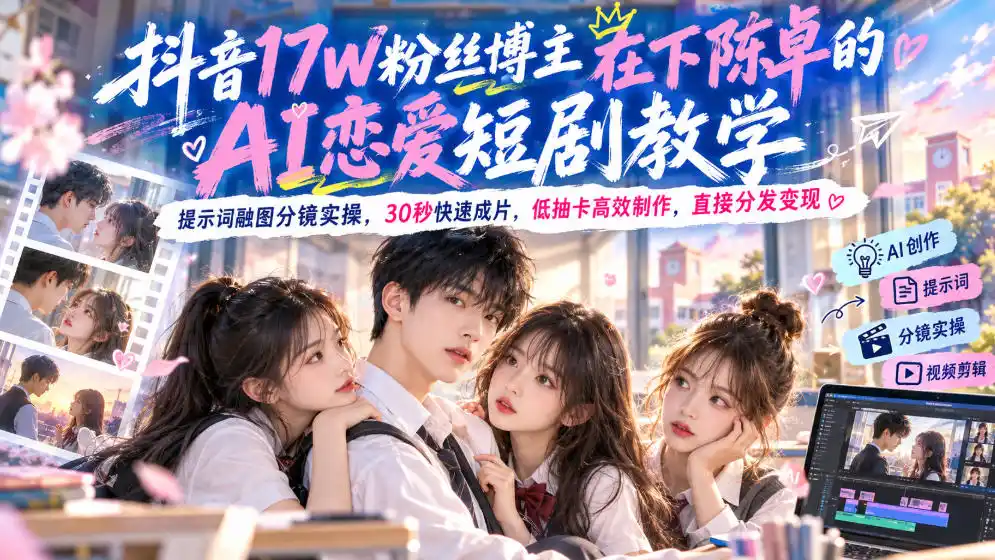 抖音17W粉丝博主在下陈卓的AI恋爱短剧教学,提示词融图分镜实操,30秒快速成片,低抽卡高效制作,直接分发变现-云途创业网