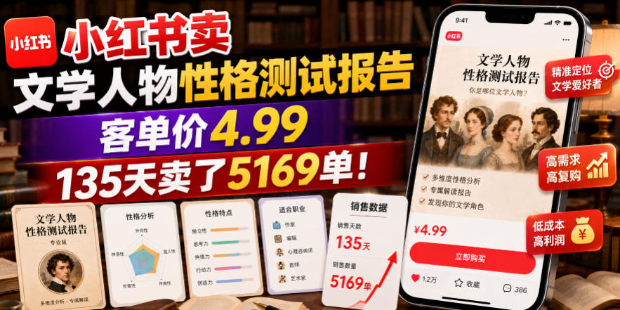 小红书卖文学人物性格测试报告，客单价4.99，135天卖了5169单！-云途创业网