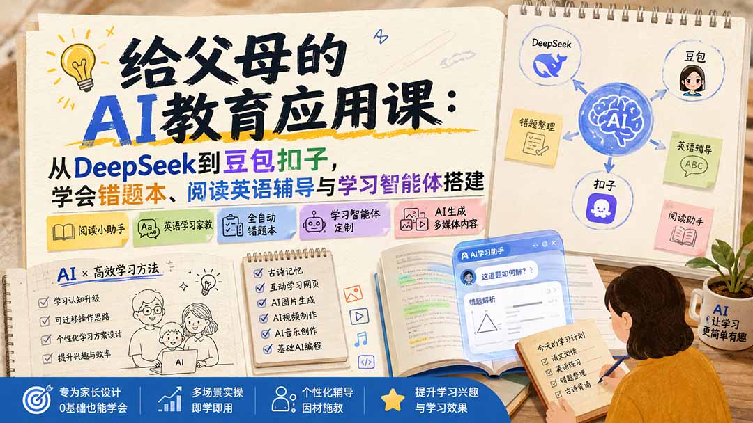 给父母的AI教育应用课：从DeepSeek到豆包扣子，学会错题本、阅读英语辅导与学习智能体搭建-云途创业网